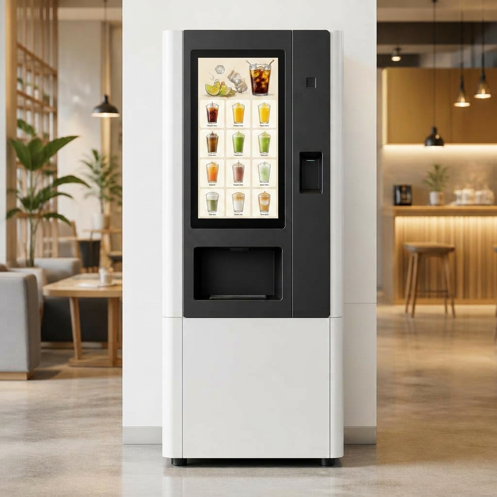 Niru smart beverage machine with vertical touchscreen in a bright Amsterdam café